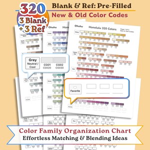 May include: A set of printed color organization charts for Ohuhu Honolulu 320 markers, featuring blank and pre-filled pages with new and old color codes. The documents include color family groupings, a favorite section, and a header titled Blank & Ref: Pre-Filled New & Old Color Codes.