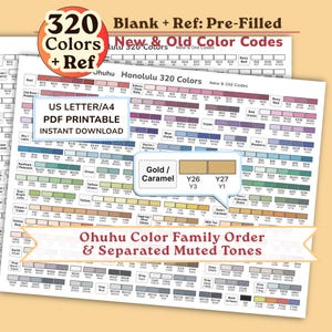 May include: A printable color reference chart for Ohuhu Honolulu 320 markers, featuring a grid of color swatches with codes. The document includes sections for blank and pre-filled charts, color family organization, and muted tones.