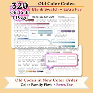 May include: A Honolulu Set 320 color chart featuring a grid of rectangular swatches with alphanumeric codes. The chart includes a blue section with BG4 and B030 labels, a favorite section with a heart icon, and text reading Old Color Codes.