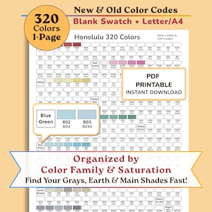 Pode incluir: Uma tabela de cores imprimível intitulada Honolulu 320 Colors, apresentando uma grade de 320 caixas de cores com códigos de cores novos e antigos. O documento inclui seções para Red Violet, Yellow, Yellow Red, Blue Green, Yellow Green, Earth Brown e Greys.