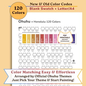 Tabella campioni Ohuhu Honolulu 120 • Gatto Kawaii — Foglio campioni colore vuoto (PDF stampabile) / Codici nuovi e vecchi • Letter/A4 / Download immediato