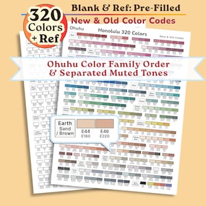 Puede incluir: Una tabla de referencia blanca titulada Ohuhu Honolulu 320 Colors que presenta una cuadrícula de muestras de color con códigos alfanuméricos. La tabla incluye secciones para familias de colores, tonos apagados y un recuadro informativo.
