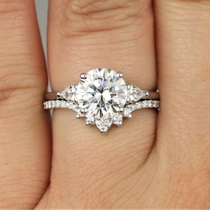 2cts Elise 8mm & Aldis 14kt Moissanite Diamond Round Bridal Set,Unique Wedding Ring,Round Engagement Ring,Art Deco Ring,Anniversary Gift