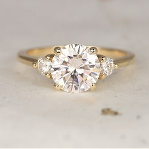 2ct Colette 8mm 14kt Solid Gold Moissanite Diamonds Dainty Cathedral Minimalist 3 Stone Round Engagement Ring