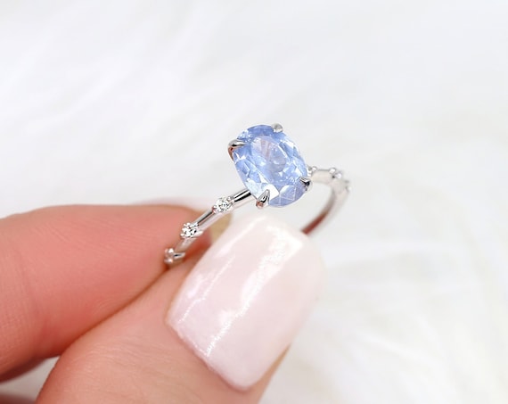 1.97ct Ready to Ship Alix 14kt White Gold Frosted Galaxy Cornflower Sapphire Diamond Oval Solitaire Ring,Minimalist Oval Ring,Sapphire Ring