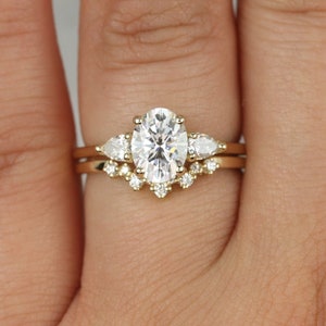 1.50ct Emery 8x6mm & Remy 14kt Gold Forever One Moissanite Diamond Dainty 3 Stone Oval Bridal Set