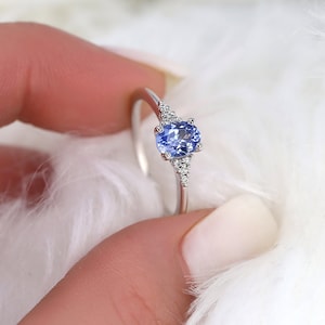 0.82ct Ready to Ship Maddy 14kt White Gold Cornflower Lavender Sapphire Diamond Dainty Oval Cluster 3 Stone Ring,Gift For Her