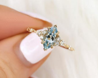 Astrid 10x5mm 14kt Aquamarine Diamond Marquise Cluster Ring,Unique Art Deco Ring,Marquise Engagement Ring,Aquamarine Ring,March Birthstone