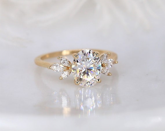 2ct Terah 9x7mm 14kt Gold Forever One Moissanite Diamond Marquise Unique Cluster Oval Ring,Art Deco Oval Engagement Ring,Rosados Box