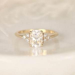 1.50ct Cambria 8x6mm 14kt Gold Moissanite Diamonds Dainty Art Deco Elongated Cushion Cluster 3 Stone Engagement Ring