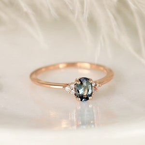 0.61ct Ready to Ship Juniper 14kt Rose Gold Ocean Teal Sapphire Diamond Dainty Art Deco Cluster Ring,September Birthstone Ring