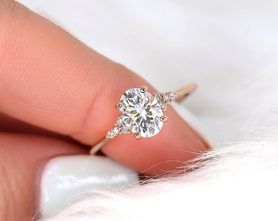 1.50ct Maddy 8x6mm 14kt Rose Gold Forever One Moissanite Diamonds Dainty Oval 3 Stone Engagement Ring,Oval Cluster Ring
