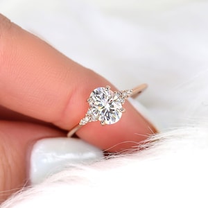 1.50ct Maddy 8x6mm 14kt Rose Gold Forever One Moissanite Diamonds Dainty Oval 3 Stone Engagement Ring,Oval Cluster Ring