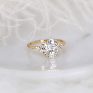 2.50ct Petite Thea 10x7mm 14kt Gold Forever One Moissanite Diamonds Dainty 3 Stone Engagement Ring,Oval Cluster Ring,Unique Ring