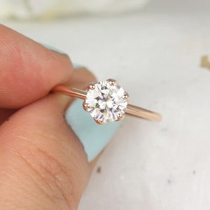 1.25ct Edith 7mm 14kt Rose Gold Moissanite Dainty Unique 6 Prong Round Solitaire Engagement Ring