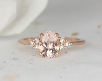 Juniper 8x6mm 14kt Rose Gold Morganite Diamond Three Stone Oval Engagement Ring,Dainty Morganite Cluster Ring,Anniversary Gift