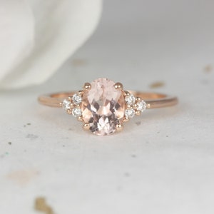 Juniper 8x6mm 14kt Rose Gold Morganite Diamond Three Stone Oval Engagement Ring,Dainty Morganite Cluster Ring,Anniversary Gift image 1