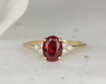 Juniper 8x6mm 14kt Gold Ruby Diamonds Dainty Oval Cluster 3 Stone Engagement Ring