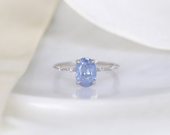 1.97ct Ready to Ship Alix 14kt White Gold Frosted Galaxy Cornflower Sapphire Diamond Dainty Oval Solitaire Ring,Minimalist Unique Oval Ring