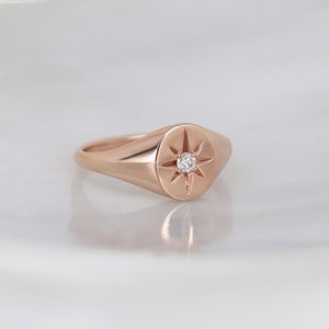 Estrella 14kt Rose Gold Star Diamond Ring,Diamond Signet Ring,Star Ring, Oval Signet Pinky Ring,Me Ring,Gift For Her,April Birthstone