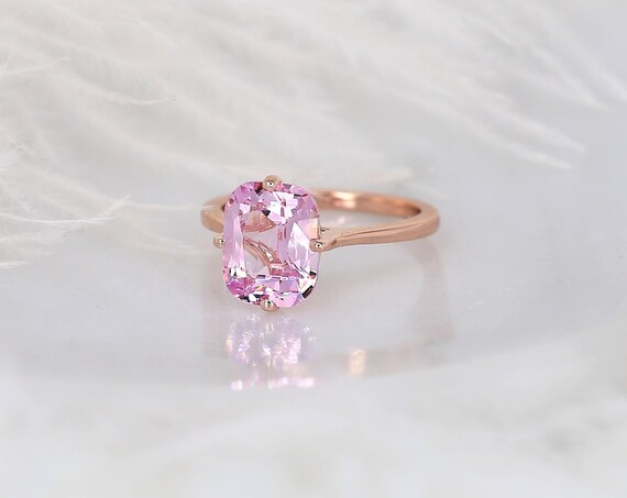 3.77ct Extra Low Roux 14kt Rose Gold Pink Spinel Kite Set Emerald Solitaire Ring,Unique Minimalist Emerald Engagement Ring
