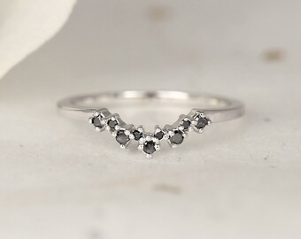 Remy 14kt White Gold Dainty Crown Tiara Scattered Cluster Black Diamond Stacking Ring