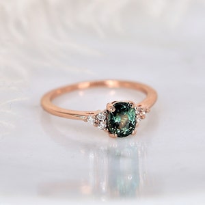 1.00ct Ready to Ship Juniper 14kt Rose Gold Ocean Teal Sapphire Diamond Dainty Oval Cluster 3 Stone Ring,Gift For Her