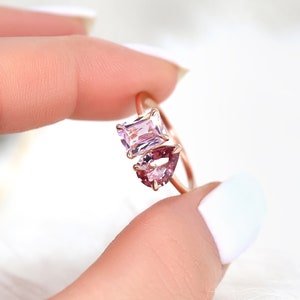 2.71cts Gemini 8x6mm + 9x6mm 14kt Rose Gold Unique Sapphire Toi Et Moi Ring,Two Stone Ring,September Birthstone Ring,Blush Cluster Ring