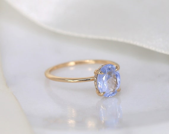 1.74ct Audrey 14kt Gold Frosted Galaxy Cornflower Sapphire Minimalist Scarf Halo Oval Solitaire Ring,Unique Oval Engagement Ring,Rosados Box