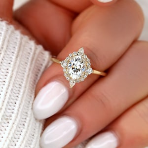 Anello di fidanzamento unico con diamanti Moissanite Maris da 1,50 ct, 8 x 6 mm, 14 kt, anello con alone ovale, anello con alone incastonato a bussola, anello con aquilone, anello di fidanzamento ovale