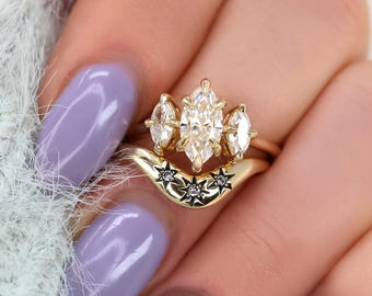 1.50ct Beckett 10x5mm & Ursa 14kt Moissanite Diamond Marquise Three Stone Bridal Set,Marquise Trilogy Wedding Ring Set,Unique Marquise Ring