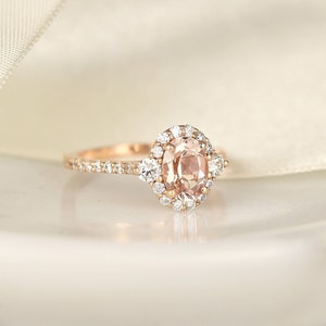 Bridgette 8x6mm 14kt Peach Champagne Morganite Diamond Oval Halo Ring,Morganite Halo Ring,Unique Three Stone Ring,Oval Morganite Ring