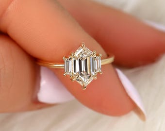 1.63ct Vega 14kt Diamond Unique Three Stone Ring,Hexagon Diamond Ring,Hexagon Cut Ring,Unique Hexagon Ring,Anniversary Ring,Trilogy Ring