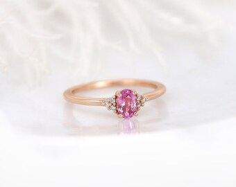 Juniper 6x4mm 14kt Rose Gold Pink Sapphire Diamonds Dainty Oval Cluster Ring,Three Stone Sapphire Ring,Sapphire Engagement Ring,Anniversary
