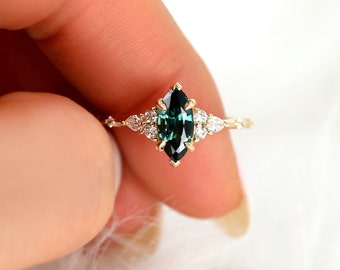 1.50ct Ready to Ship Astrid 14kt Gold Teal Sapphire Diamond Marquise Cluster Ring,Unique Marquise Ring,Art Deco Engagement Ring,Anniversary