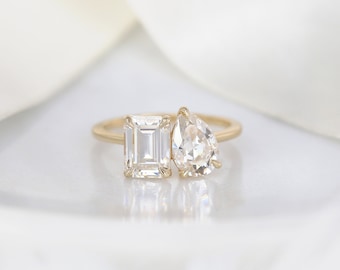 3.25cts Gemini 8x6mm + 9x6mm 14kt Gold Moissanite Toi Et Moi Ring,Two Stone Engagement Ring,Promise Ring,Anniversary Ring,Unique Ring