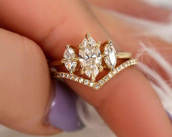 1.50ct Beckett 10x5mm & Chevy 2.0 14kt Moissanite Diamond Marquise Three Stone Bridal Set,Marquise Trilogy Wedding Set,Unique Marquise Ring