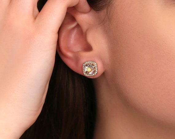 Rheine 14kt Gold Morganite Diamond WITH Milgrain Cushion Halo Stud Earrings,Art Deco Earrings,Morganite Earrings,Anniversary Gift
