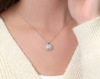 Naszyjnik z 2-karatowego złota Rheine z diamentami Moissanite w kształcie poduszki i halo, naszyjnik z diamentami w kształcie halo, naszyjnik w stylu art déco, prezent urodzinowy, prezent rocznicowy