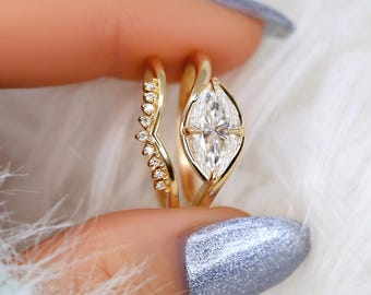 1.50ct Scullie & Lonnie 14kt Diamond East West Marquise Solitaire Wedding Ring Set,Marquise Cut Ring,Marquise Diamond Engagement Ring