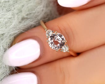 1.17ct Colette 14kt Rose Gold Peach Sapphire Diamond Three Stone Ring,Sapphire Trilogy Ring,Peach Sapphire Ring,Anniversary Ring,Birthstone