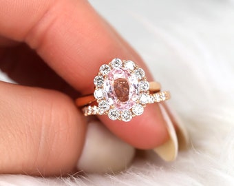 3.37cts Versandbereit Katherine 14kt Rose Gold Champagner Pfirsich Saphir Diamant Art Deco Halo Braut Set, ovaler Halo Ring, einzigartiger Saphir Ring