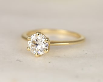 1ct Skinny Webster 6.5mm 14kt Solid Gold Moissanite Minimalist Dainty 6 Prong Round Solitaire Engagement Ring