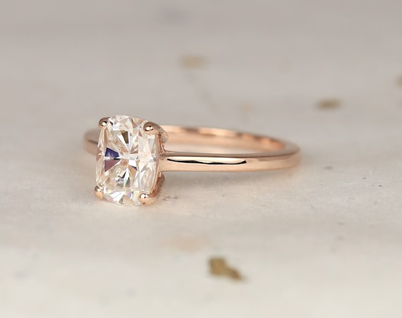1.50ct Darla 8x6mm 14kt Rose Gold Forever One Moissanite Minimalist Cathedral Elongated Cushion Solitaire Engagement Ring