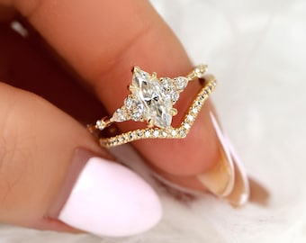 1ct Astrid & Chevy 14kt Gold Diamond Marquise Cluster Wedding Ring Set,Dainty Unique Art Deco Ring,Diamond Engagement Ring,Marquise Ring Set