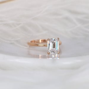 2.60ct Ready to Ship Skinny Norma 9x7mm 14kt Rose Gold Moissanite Dainty Emerald Engagement Ring,Emerald Cut Solitaire Ring