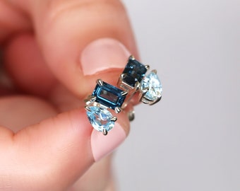 Gemini 14kt Blue Topaz Toi Et Moi Earrings,Cluster Earrings,Birthstone Jewelry,Gift For Her,Unique Stud Earrings,Topaz Studs,November Gift