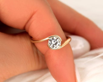 0.75ct Petite Vadim 6mm 14kt Moissanite Round Solitaire Ring,Bypass Ring,Semi Bezel Set Ring,Anniversary Gift,Unique Ring,Moissanite Ring