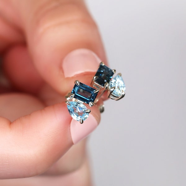 Gemini 14kt Blue Topaz Toi Et Moi Earrings,Cluster Earrings,Birthstone Jewelry,Gift For Her,Unique Stud Earrings,Topaz Studs,November Gift