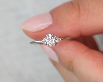 0.62ct Ready to Ship Juniper 14kt White Gold Blush Sapphire Diamond Art Deco Dainty Oval Cluster 3 Stone Ring